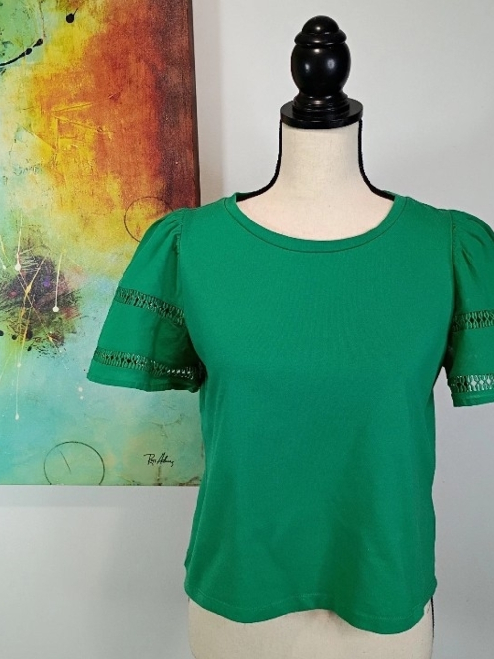 Tribal Flutter Short Sleeve Top In Vibrant Kelly Green With Crochet Detailing